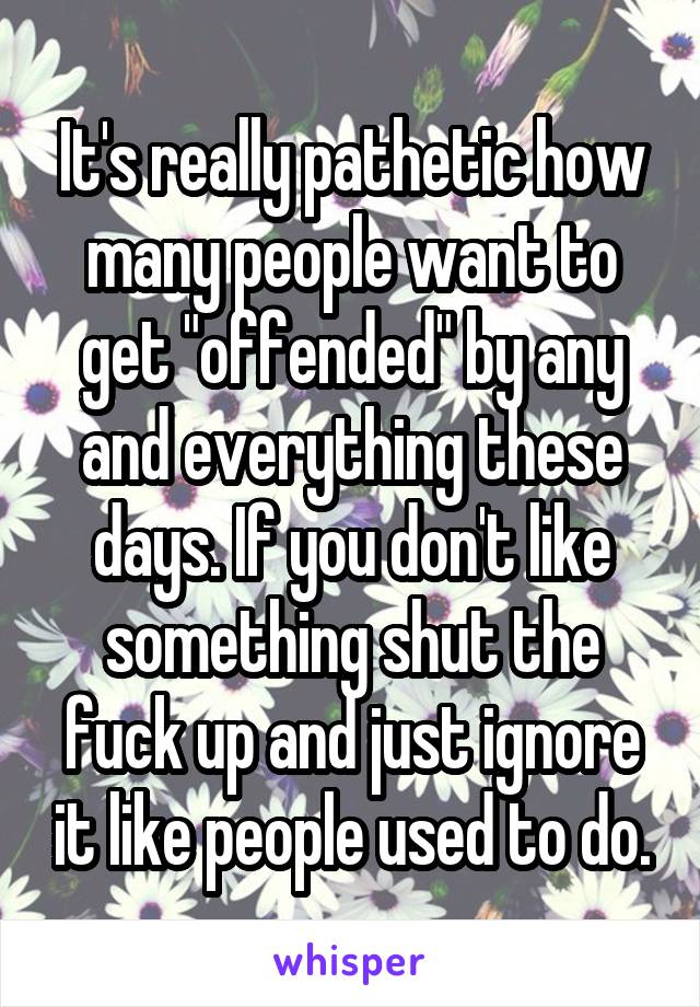 It's really pathetic how many people want to get "offended" by any and everything these days. If you don't like something shut the fuck up and just ignore it like people used to do.