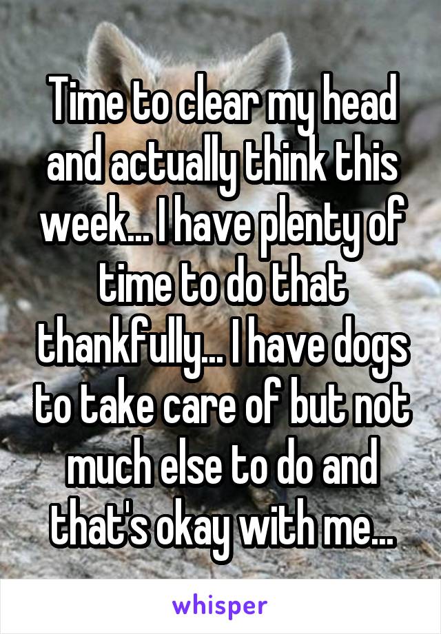 Time to clear my head and actually think this week... I have plenty of time to do that thankfully... I have dogs to take care of but not much else to do and that's okay with me...