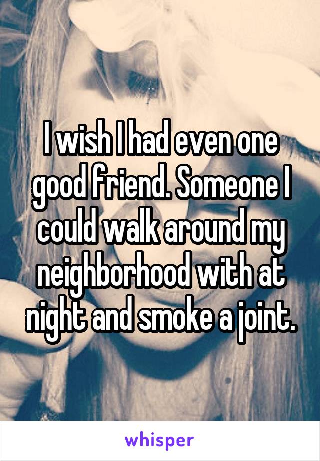 I wish I had even one good friend. Someone I could walk around my neighborhood with at night and smoke a joint.