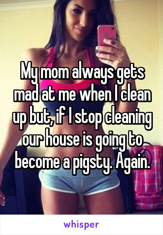 My mom always gets mad at me when I clean up but, if I stop cleaning our house is going to become a pigsty. Again.