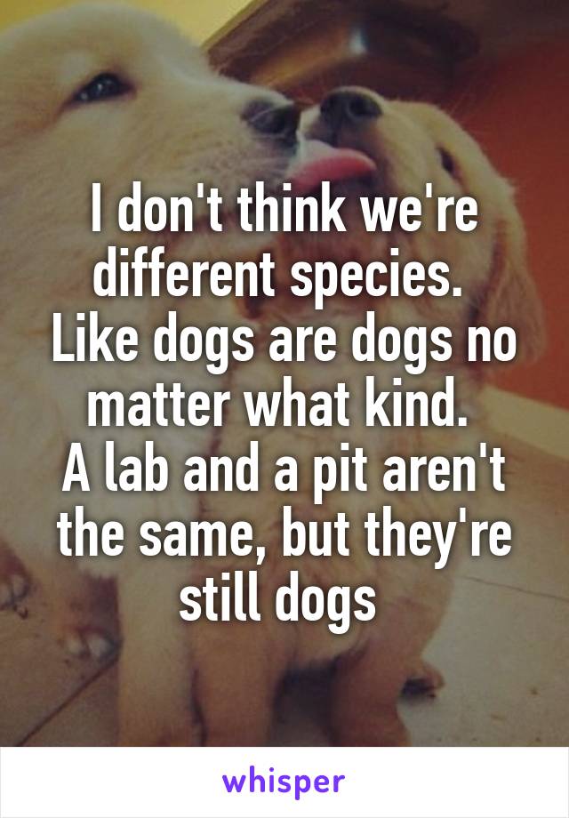 I don't think we're different species. 
Like dogs are dogs no matter what kind. 
A lab and a pit aren't the same, but they're still dogs 