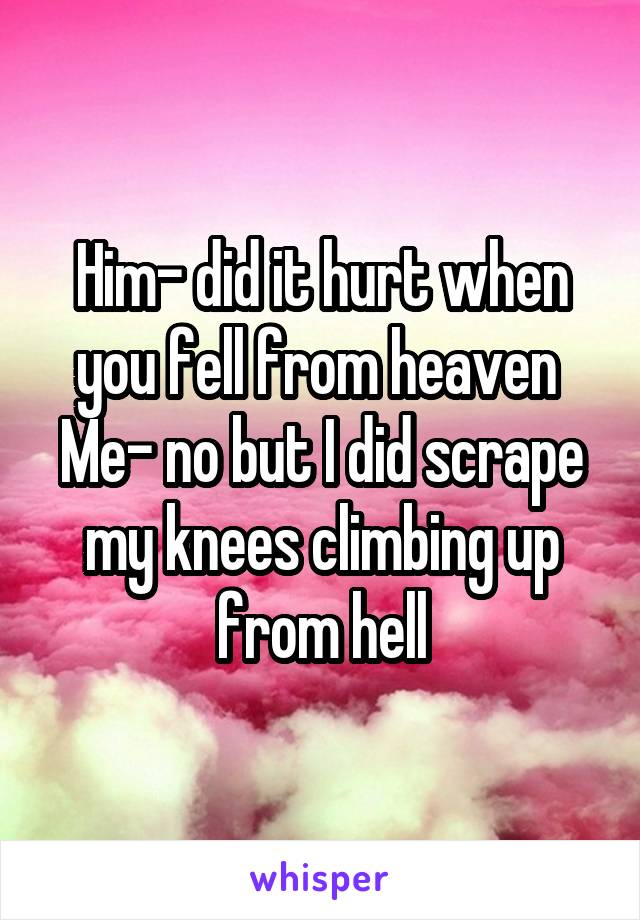 Him- did it hurt when you fell from heaven 
Me- no but I did scrape my knees climbing up from hell