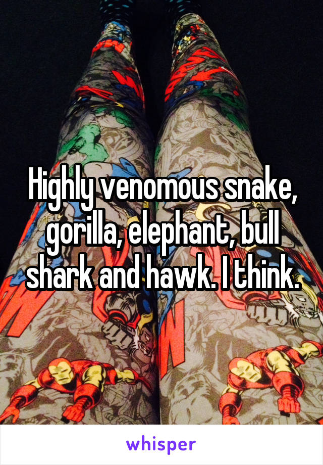 Highly venomous snake, gorilla, elephant, bull shark and hawk. I think.