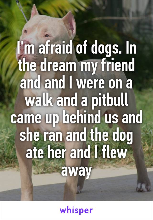I'm afraid of dogs. In the dream my friend and and I were on a walk and a pitbull came up behind us and she ran and the dog ate her and I flew away