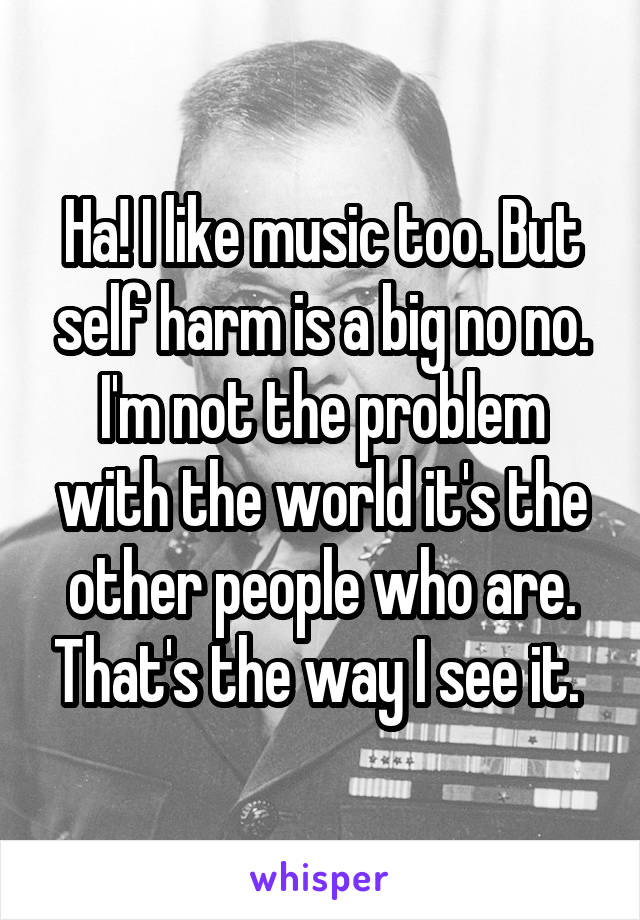 Ha! I like music too. But self harm is a big no no. I'm not the problem with the world it's the other people who are. That's the way I see it. 