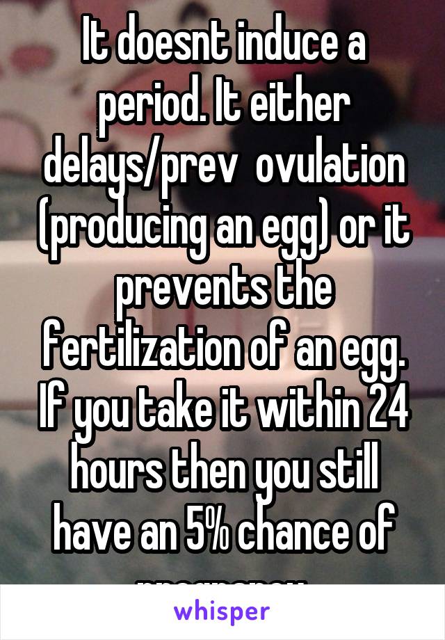 It doesnt induce a period. It either delays/prev  ovulation (producing an egg) or it prevents the fertilization of an egg. If you take it within 24 hours then you still have an 5% chance of pregnancy.