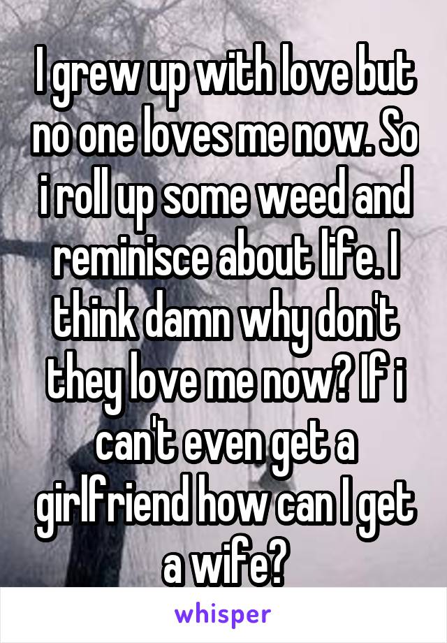 I grew up with love but no one loves me now. So i roll up some weed and reminisce about life. I think damn why don't they love me now? If i can't even get a girlfriend how can I get a wife?