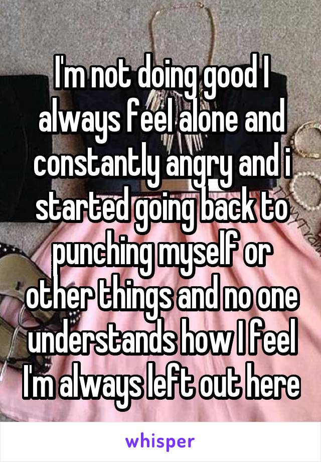 I'm not doing good I always feel alone and constantly angry and i started going back to punching myself or other things and no one understands how I feel I'm always left out here