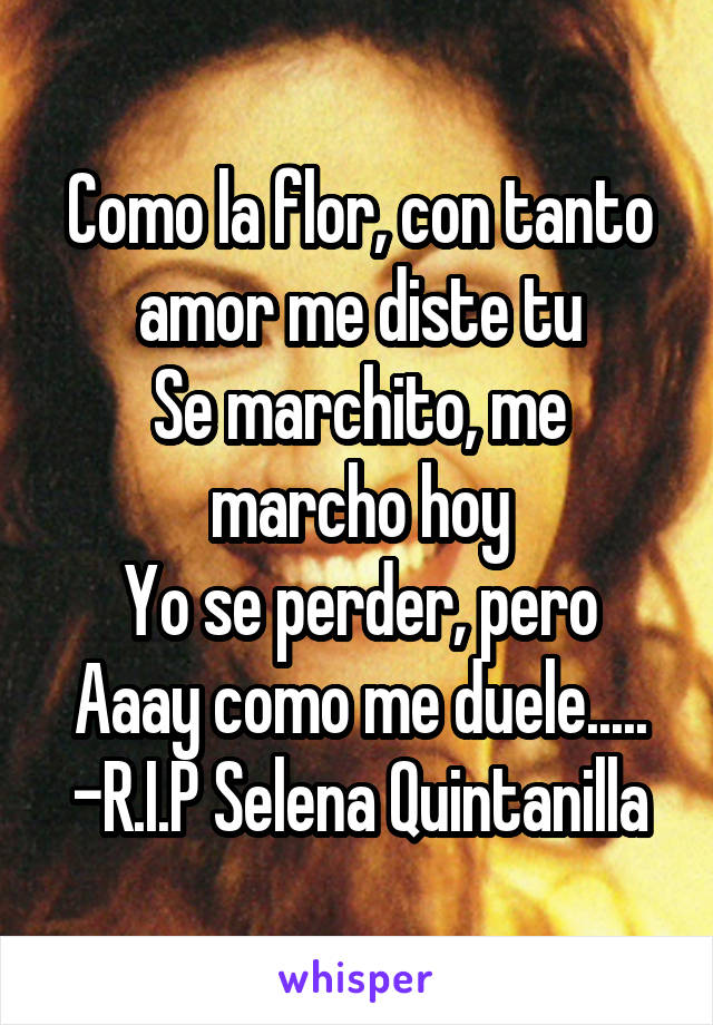 Como la flor, con tanto amor me diste tu
Se marchito, me marcho hoy
Yo se perder, pero
Aaay como me duele.....
-R.I.P Selena Quintanilla