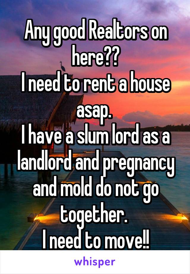 Any good Realtors on here??
I need to rent a house asap. 
I have a slum lord as a landlord and pregnancy and mold do not go together. 
I need to move!!