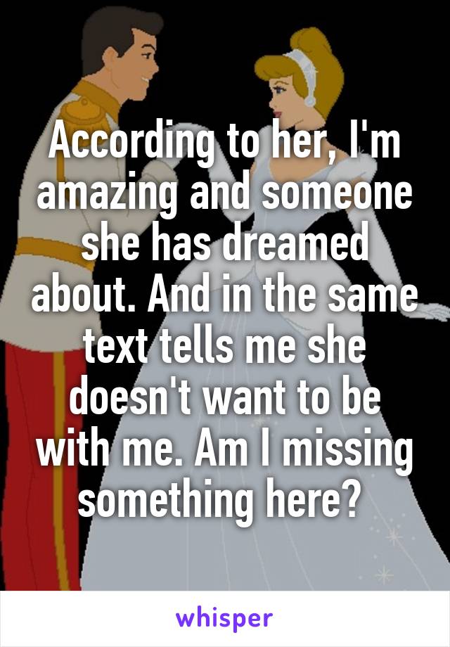 According to her, I'm amazing and someone she has dreamed about. And in the same text tells me she doesn't want to be with me. Am I missing something here? 