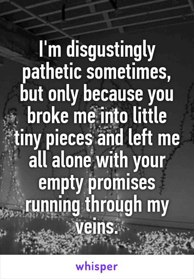 I'm disgustingly pathetic sometimes, but only because you broke me into little tiny pieces and left me all alone with your empty promises running through my veins.