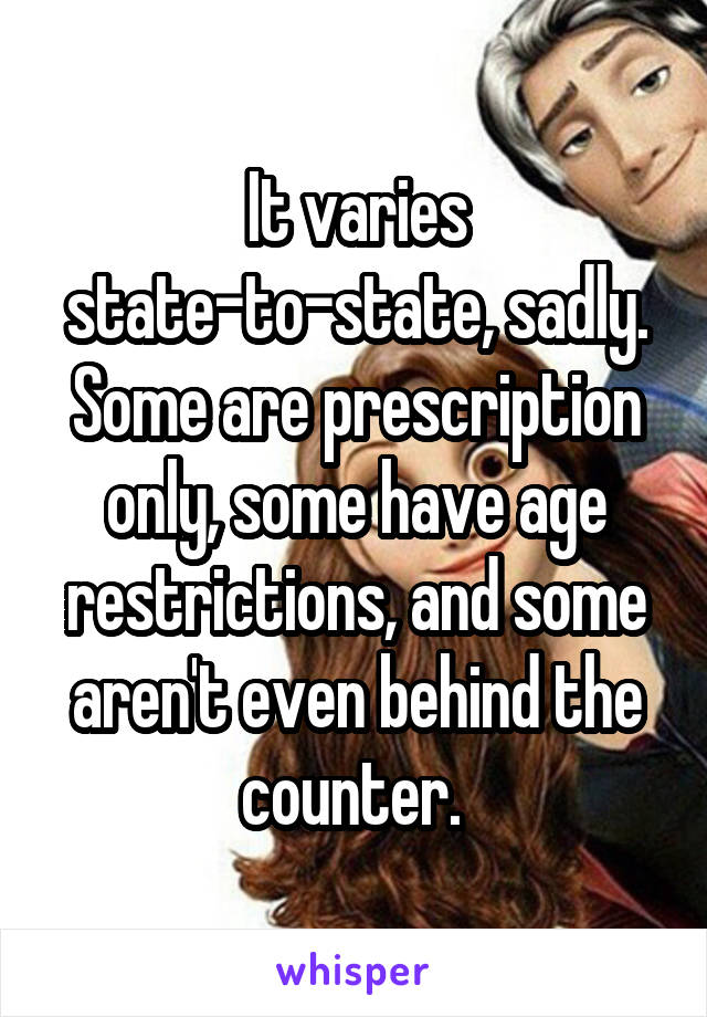 It varies state-to-state, sadly. Some are prescription only, some have age restrictions, and some aren't even behind the counter. 