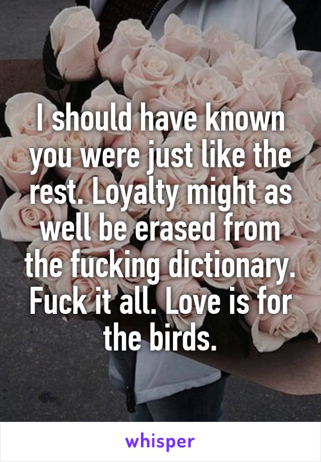 I should have known you were just like the rest. Loyalty might as well be erased from the fucking dictionary. Fuck it all. Love is for the birds.