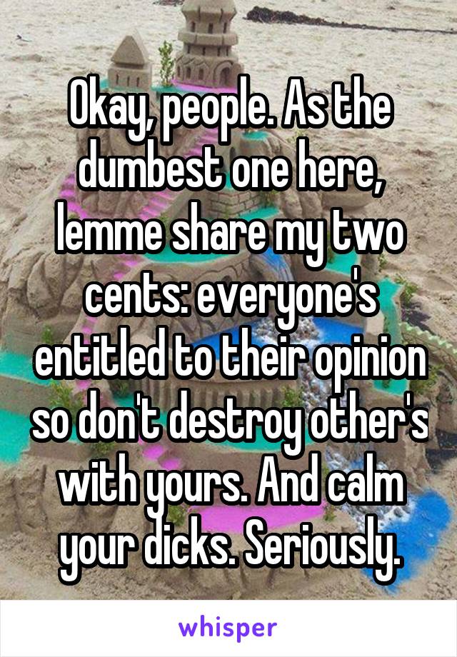 Okay, people. As the dumbest one here, lemme share my two cents: everyone's entitled to their opinion so don't destroy other's with yours. And calm your dicks. Seriously.