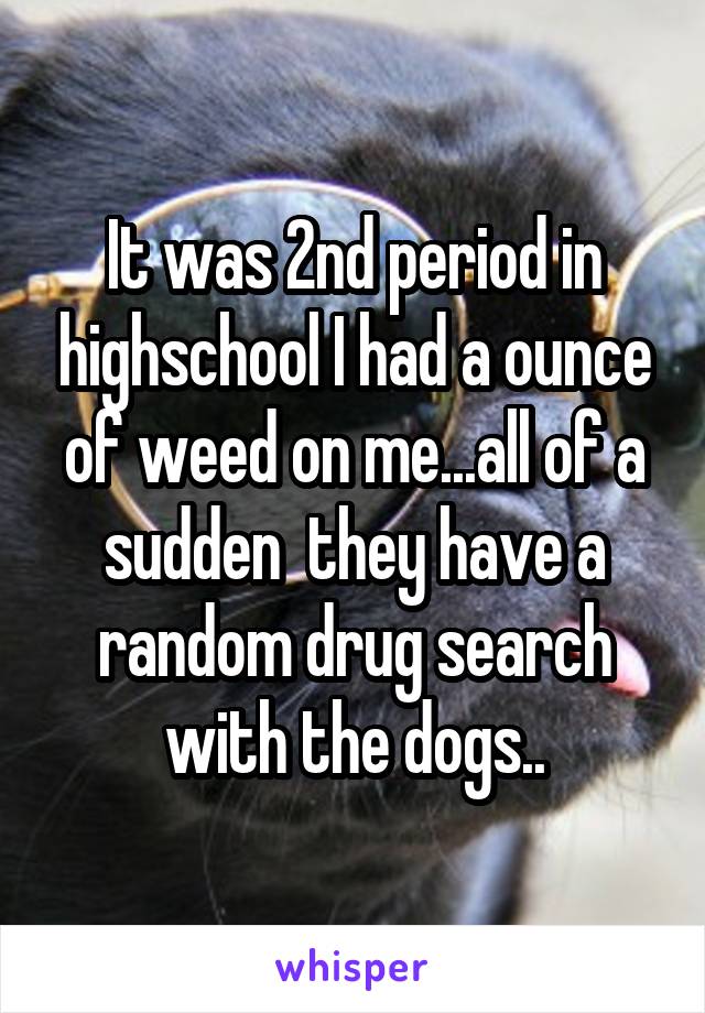 It was 2nd period in highschool I had a ounce of weed on me...all of a sudden  they have a random drug search with the dogs..