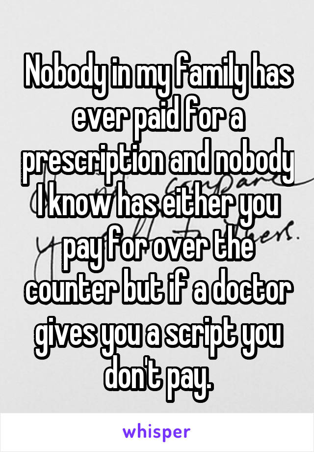 Nobody in my family has ever paid for a prescription and nobody I know has either you pay for over the counter but if a doctor gives you a script you don't pay.