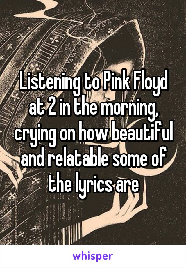 Listening to Pink Floyd at 2 in the morning, crying on how beautiful and relatable some of the lyrics are