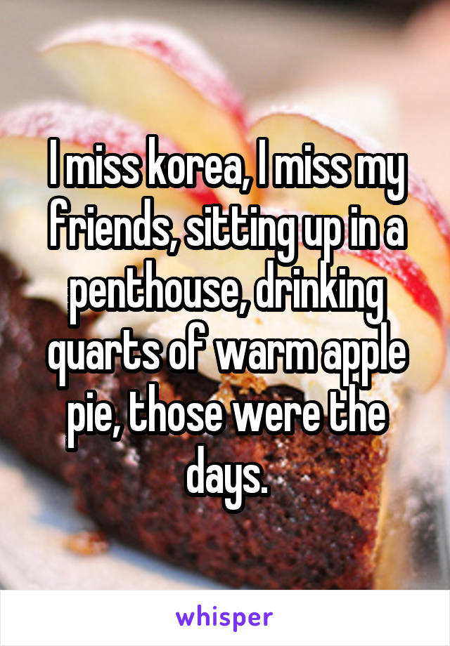 I miss korea, I miss my friends, sitting up in a penthouse, drinking quarts of warm apple pie, those were the days.