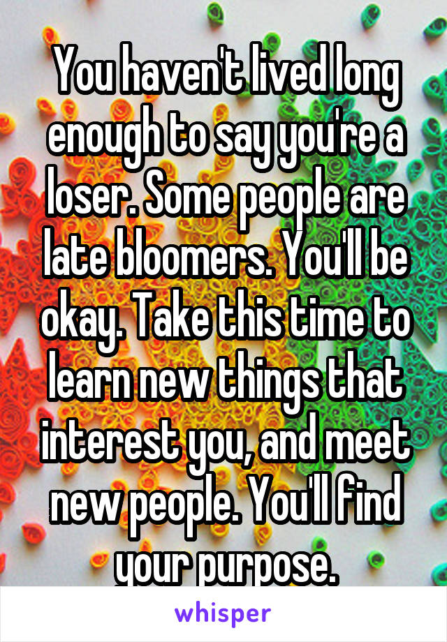 You haven't lived long enough to say you're a loser. Some people are late bloomers. You'll be okay. Take this time to learn new things that interest you, and meet new people. You'll find your purpose.