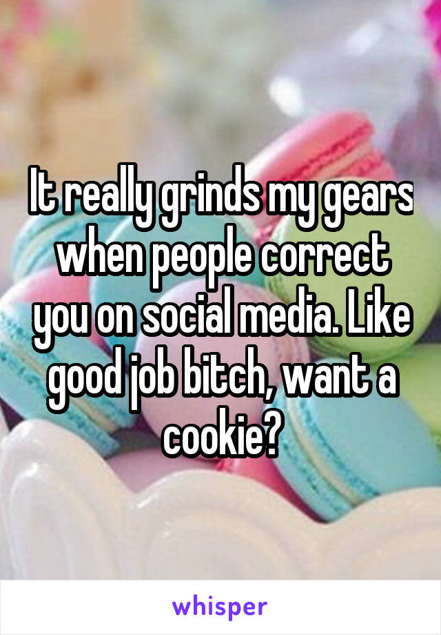 It really grinds my gears when people correct you on social media. Like good job bitch, want a cookie?