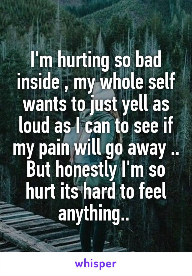 I'm hurting so bad inside , my whole self wants to just yell as loud as I can to see if my pain will go away .. But honestly I'm so hurt its hard to feel anything.. 