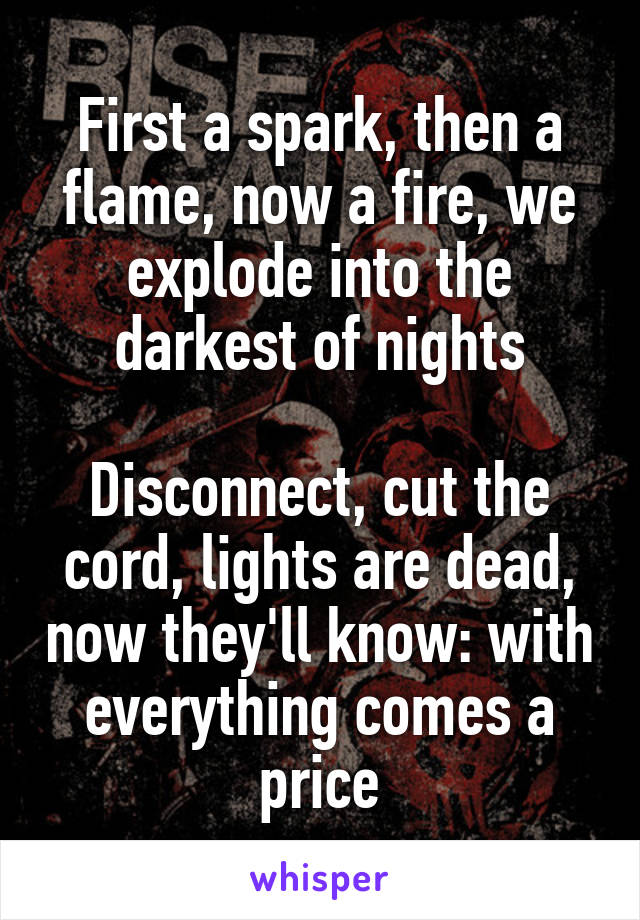 First a spark, then a flame, now a fire, we explode into the darkest of nights

Disconnect, cut the cord, lights are dead, now they'll know: with everything comes a price