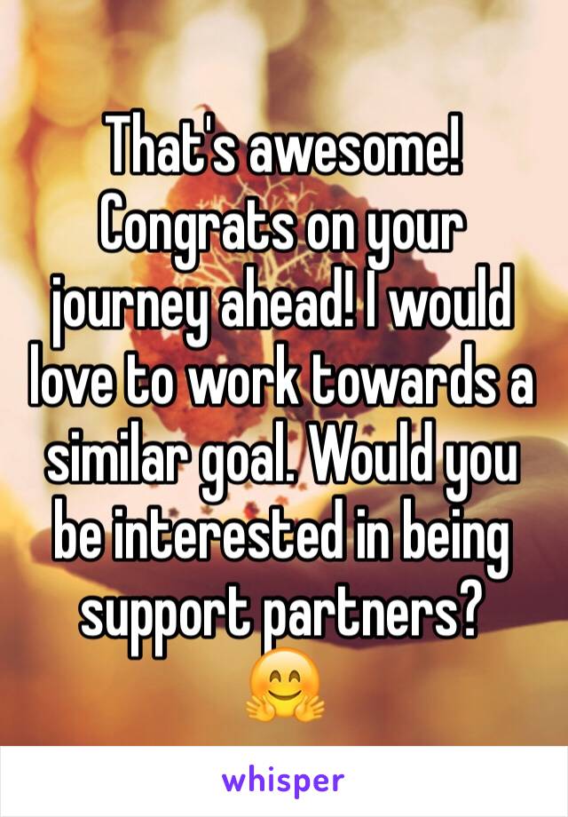 That's awesome! Congrats on your journey ahead! I would love to work towards a similar goal. Would you be interested in being support partners?
🤗