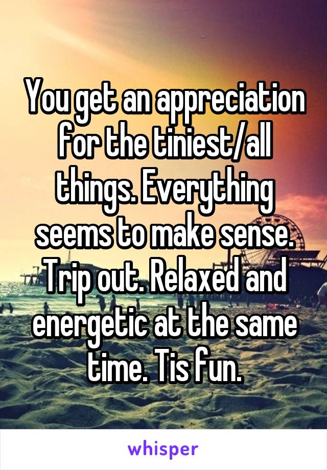 You get an appreciation for the tiniest/all things. Everything seems to make sense. Trip out. Relaxed and energetic at the same time. Tis fun.