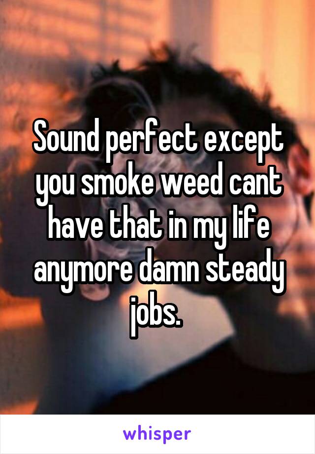 Sound perfect except you smoke weed cant have that in my life anymore damn steady jobs. 