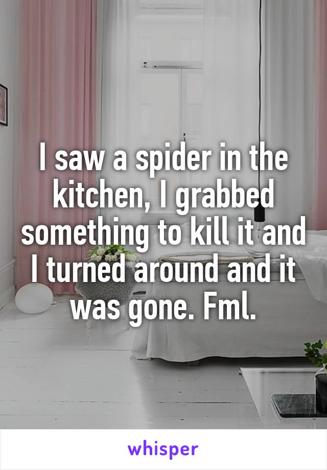 I saw a spider in the kitchen, I grabbed something to kill it and I turned around and it was gone. Fml.