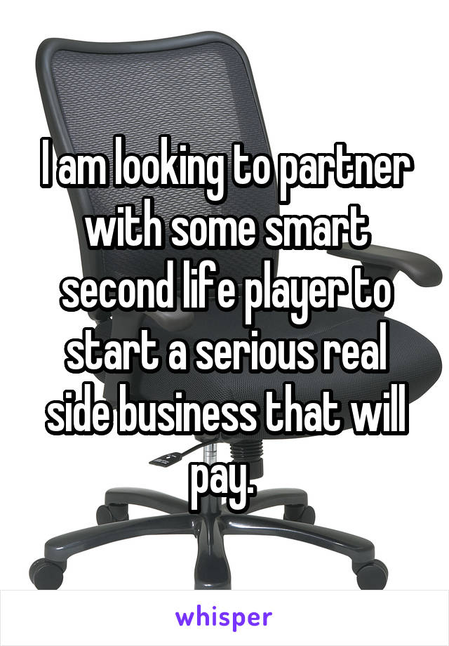 I am looking to partner with some smart second life player to start a serious real side business that will pay. 