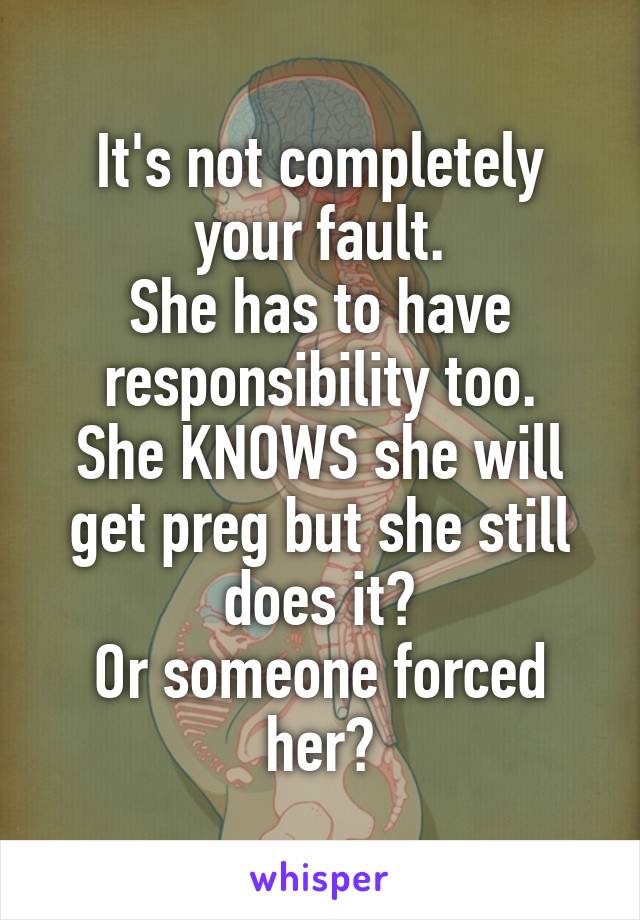 It's not completely your fault.
She has to have responsibility too.
She KNOWS she will get preg but she still does it?
Or someone forced her?