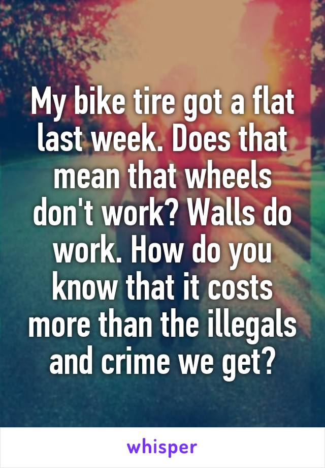 My bike tire got a flat last week. Does that mean that wheels don't work? Walls do work. How do you know that it costs more than the illegals and crime we get?