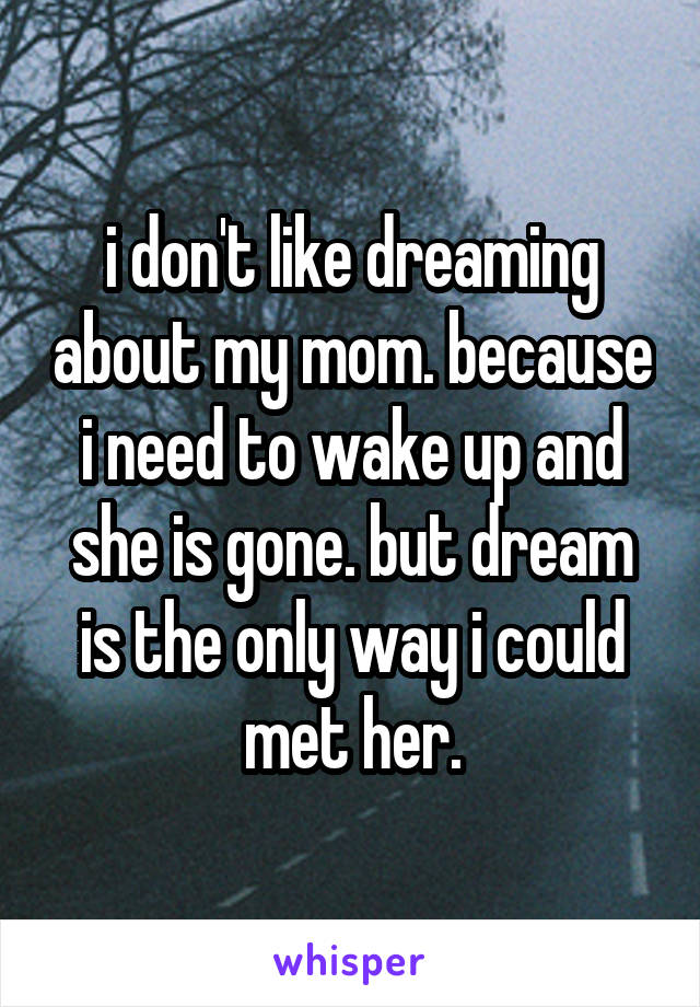 i don't like dreaming about my mom. because i need to wake up and she is gone. but dream is the only way i could met her.