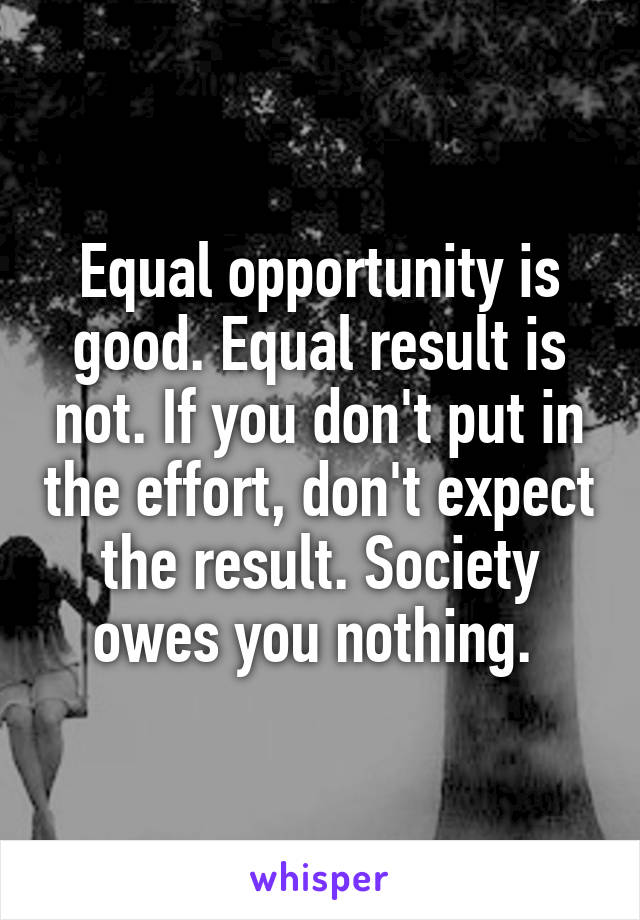 Equal opportunity is good. Equal result is not. If you don't put in the effort, don't expect the result. Society owes you nothing. 