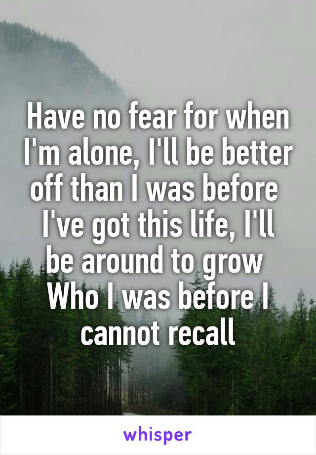 Have no fear for when I'm alone, I'll be better off than I was before 
I've got this life, I'll be around to grow 
Who I was before I cannot recall