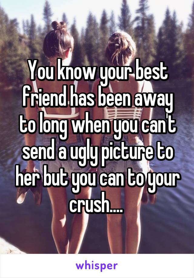 You know your best friend has been away to long when you can't send a ugly picture to her but you can to your crush.... 