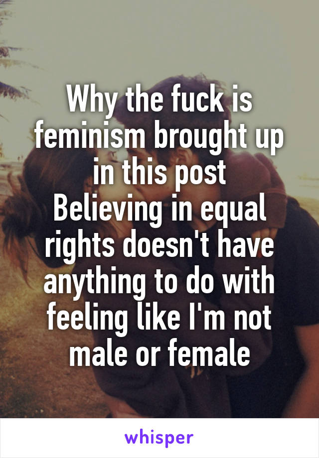 Why the fuck is feminism brought up in this post
Believing in equal rights doesn't have anything to do with feeling like I'm not male or female