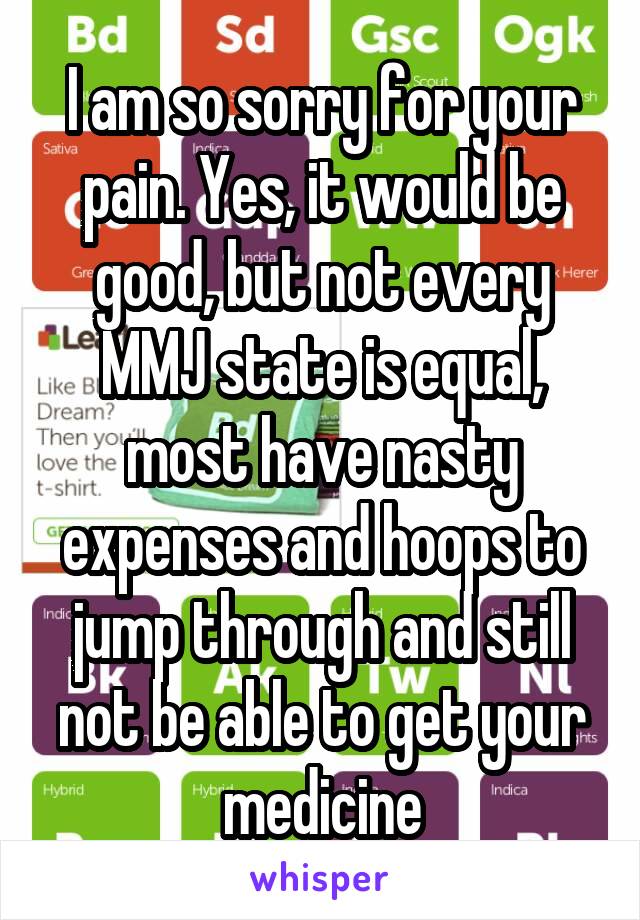 I am so sorry for your pain. Yes, it would be good, but not every MMJ state is equal, most have nasty expenses and hoops to jump through and still not be able to get your medicine