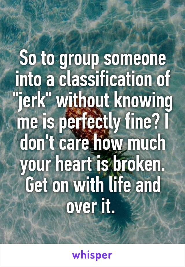 So to group someone into a classification of "jerk" without knowing me is perfectly fine? I don't care how much your heart is broken. Get on with life and over it. 