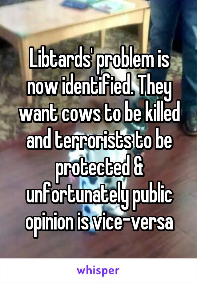 Libtards' problem is now identified. They want cows to be killed and terrorists to be protected & unfortunately public opinion is vice-versa