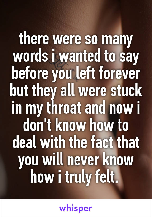 there were so many words i wanted to say before you left forever but they all were stuck in my throat and now i don't know how to deal with the fact that you will never know how i truly felt. 