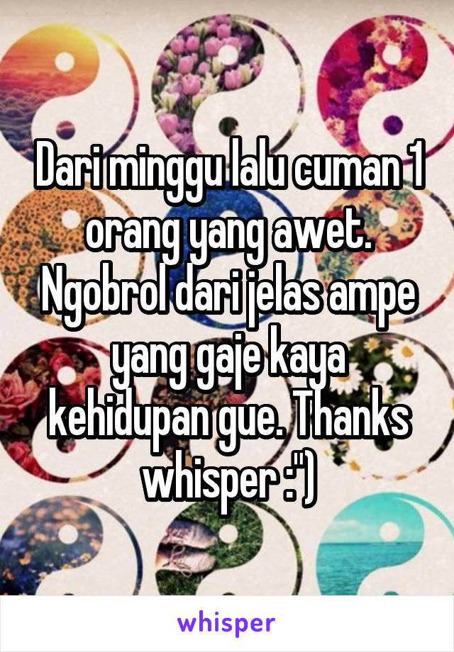 Dari minggu lalu cuman 1 orang yang awet. Ngobrol dari jelas ampe yang gaje kaya kehidupan gue. Thanks whisper :")