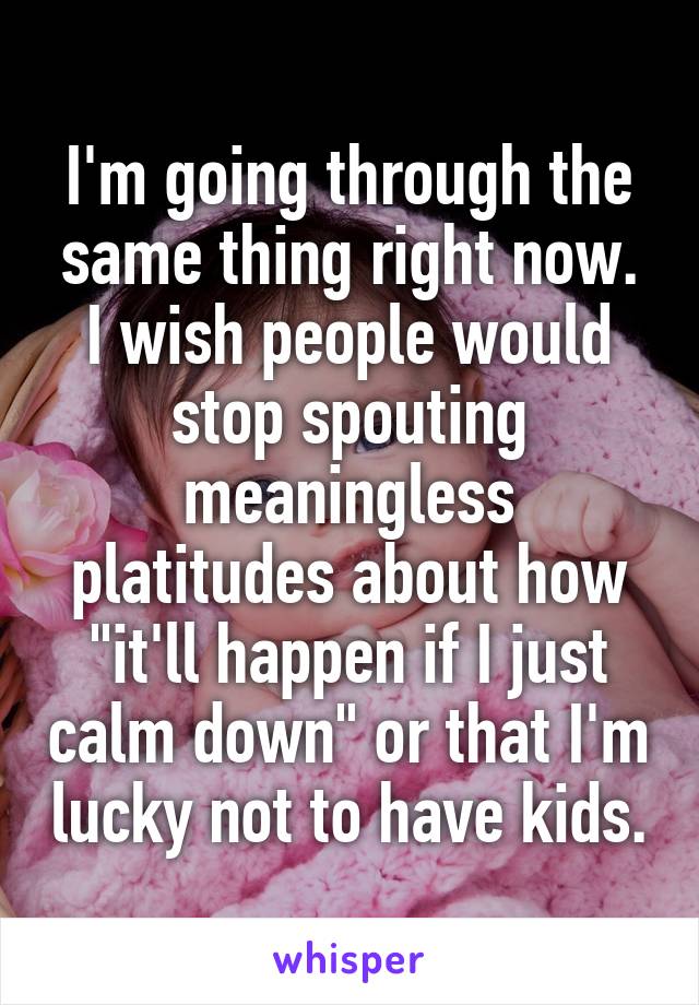 I'm going through the same thing right now. I wish people would stop spouting meaningless platitudes about how "it'll happen if I just calm down" or that I'm lucky not to have kids.