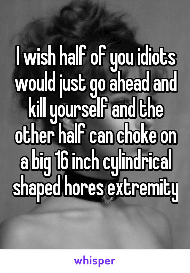 I wish half of you idiots would just go ahead and kill yourself and the other half can choke on a big 16 inch cylindrical shaped hores extremity 