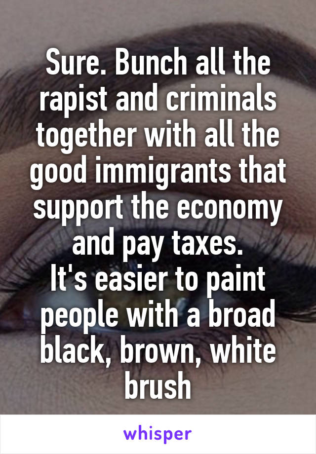 Sure. Bunch all the rapist and criminals together with all the good immigrants that support the economy and pay taxes.
It's easier to paint people with a broad black, brown, white brush