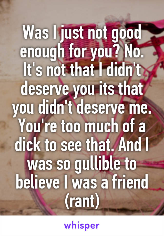 Was I just not good enough for you? No. It's not that I didn't deserve you its that you didn't deserve me. You're too much of a dick to see that. And I was so gullible to believe I was a friend (rant)