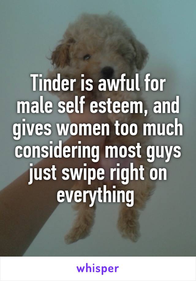 Tinder is awful for male self esteem, and gives women too much considering most guys just swipe right on everything 