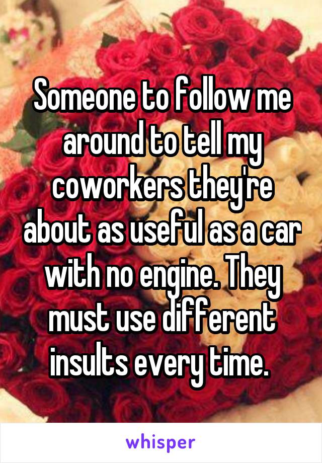 Someone to follow me around to tell my coworkers they're about as useful as a car with no engine. They must use different insults every time. 
